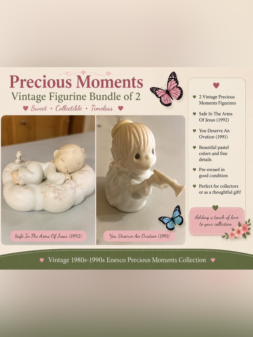 Precious Moments Cream and Pink Vintage Figurine Duo